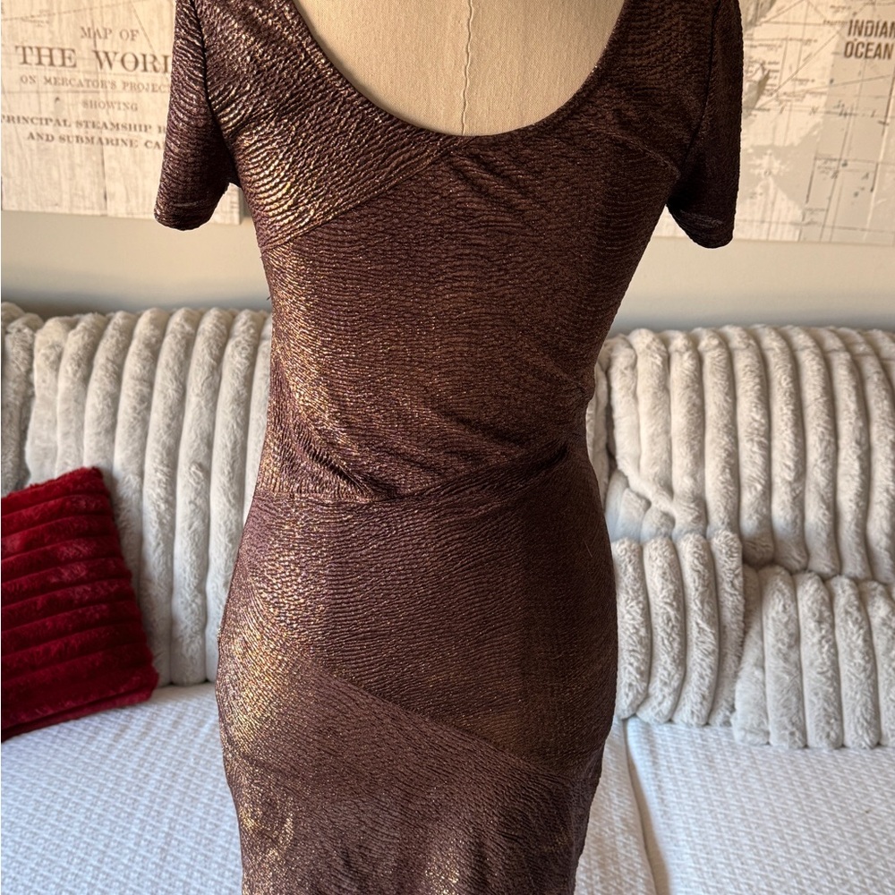 Free People Metallic‎ Bodycon Mini Dress XS Brown Bronze Short Sleeve Scoop Neck - Picture 6 of 7